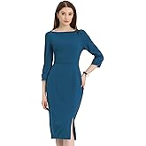 Allegra K Women's Boat Neck Dress 3/4 Sleeves 2026 Midi Split Elegant Sheath Dresses