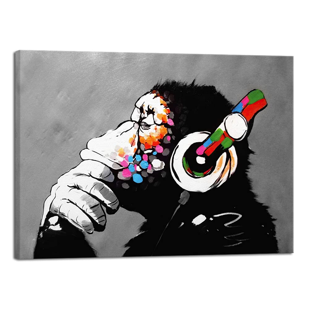 Wieco Art Monkey With Headphones Banksy Graffiti Art Abstract Canvas Painting Posters and Prints Animal Canvas Wall Art for Wall Decor and Home decorations Office Decor — image 1