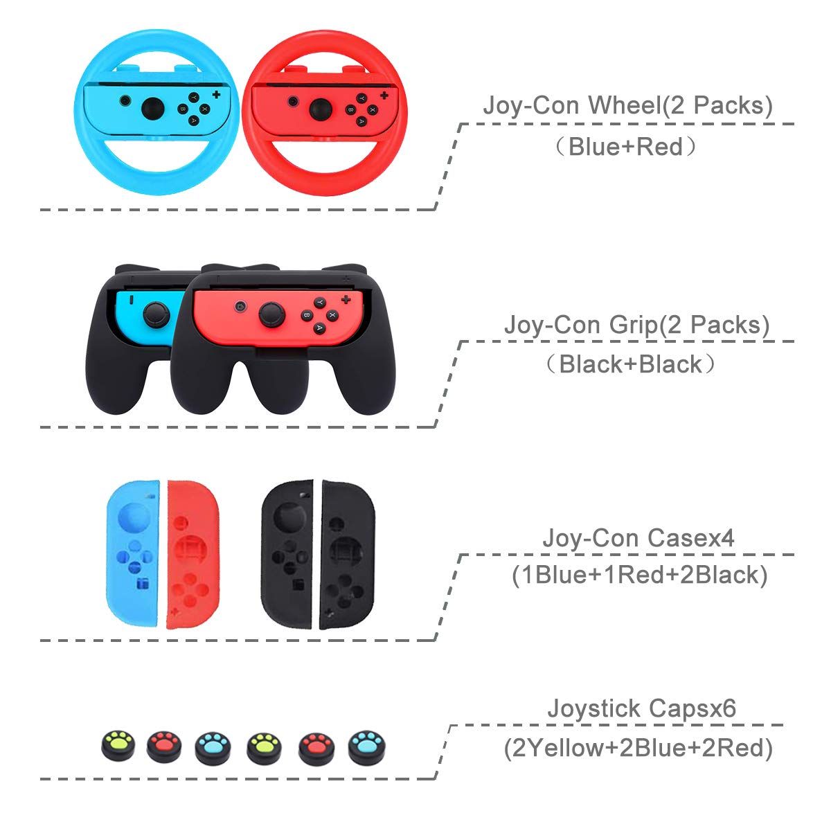 Switch Accessories Bundle, Kit with Carrying Case, Protective Case with Screen Protector, Compact Playstand,Game Case, Joystick Cap, Charging Dock, Grip and Steering Wheel for Nintendo Switch(10-in-1): Video Games