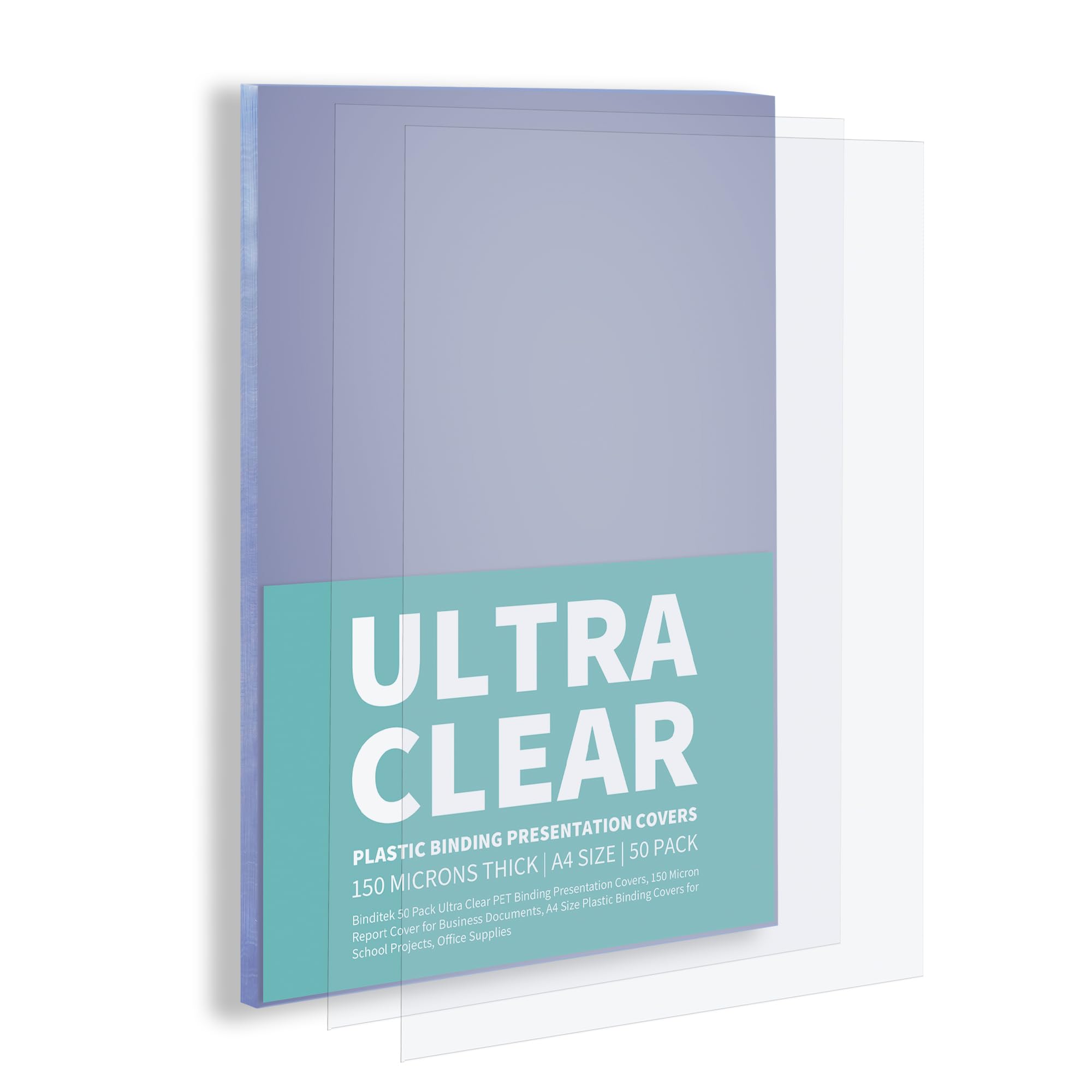 Binditek 50 Pack A4 PET Clear Binding Covers, 150 Microns, Ultra Clear Binding Front Covers, Square Corners, Un-Punched