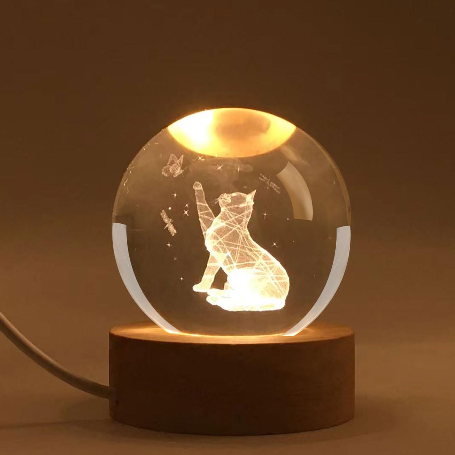 3D Cat Crystal Ball Plug in Night Light,60mm Animal Glass Ball Lamps with Control LED Wooden Base,3D Engraved Crystal Ball Lamps Ornament Home Decor, Gift for Christmas Kids Friends Family