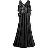 V Neck Chiffon Mother of Bride Dresses Lace Appliques Formal Dresses for Women Long Evening Gown with Sleeve