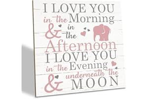 SUSZDOU Love Sign, Wood Plaque Table Art Sign 6.2 * 6.2inch, Elephant Wood Sign for Nursery, Decoration for Baby Girls Room, Daughter's Room Decor, I Love You in the Morning Afternoon Evening & Moon D