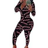 Womens Long Sleeve Button Down One Piece V Neck Bodycon Jumpsuit Pajamas | Soft Stretchy Fabric，Bodycon Tight Fit, Novelty Graphic Sleepwear, Clubwear Nightwear，Sexy Cute Print, Cozy Loungewear