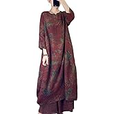 Women Vintage Floral Maxi Linen Dress Long Sleeve Loose Fit Kaftan Robe