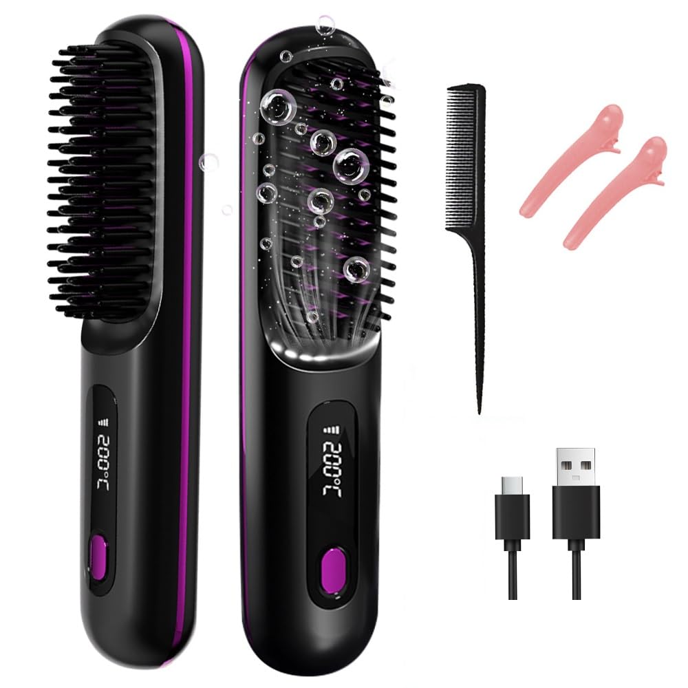 KUWUNG Go Brush Pro UK Cordless Hair Straightener Brush, Portable USB Rechargeable Ceramic Hair Straightener Brush with 3 Adjustable Heat, Hair Styling for Smooth, Travel and Everyday Use (Black-B)