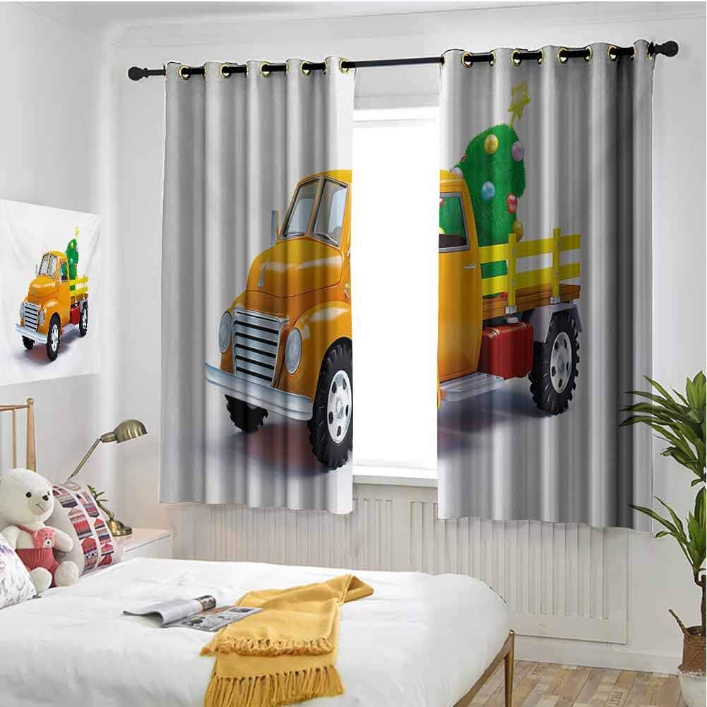 hengshu Christmas Grommet Curtains for Bedroom Yellow Vintage Truck and Tree Design with Star Topper Old Farm Vehicle for Backdrop Curtain W72 x L84 Inch White Yellow Green
