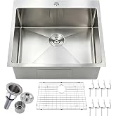 25 x 22 Inch Drop In Kitchen Sink, Topmount Stainless Steel Brushed Nickel Single Bowl Kitchen Sink, Extra-thick 16 Gauge For RV Laundry Utility with Dish Grid and Basket Strainer