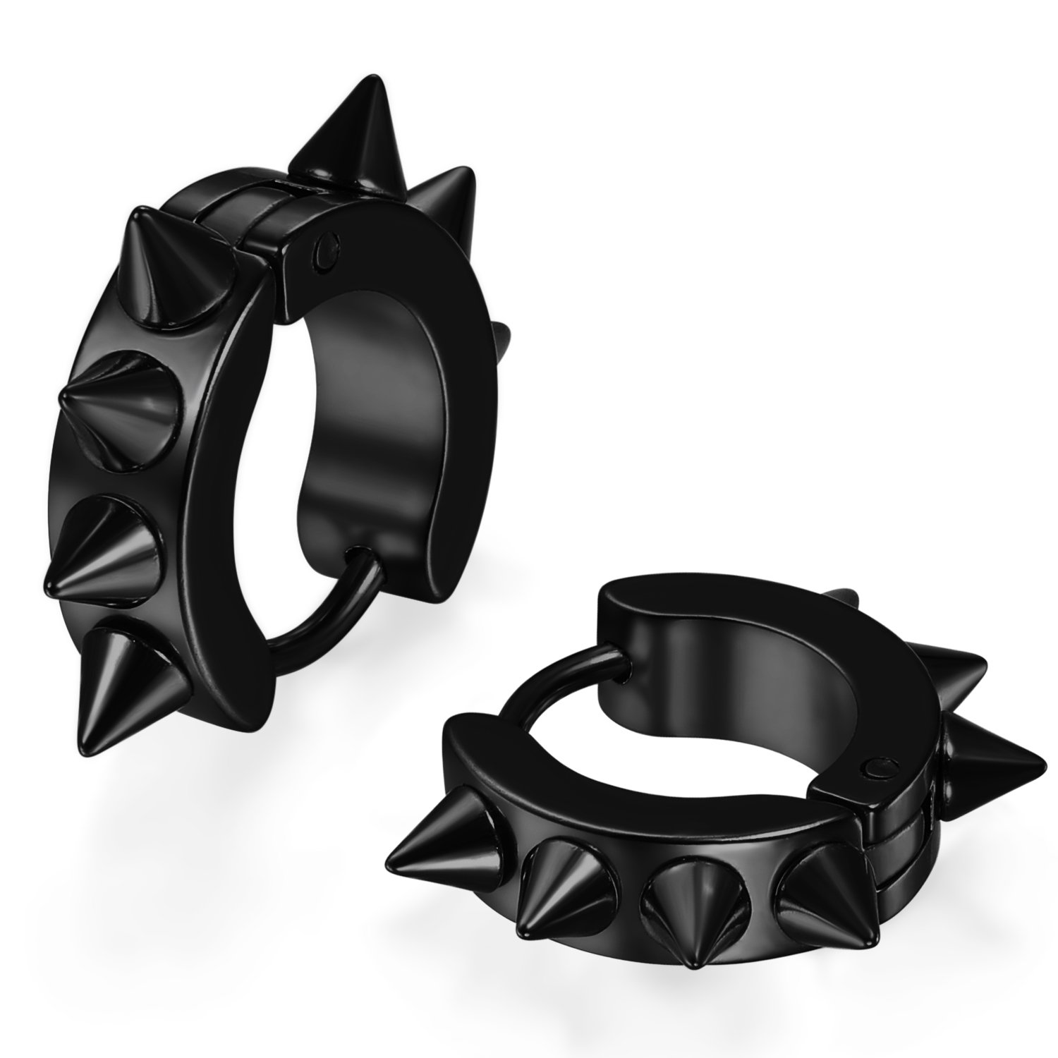 JewelryWe Pair of Spikes Studded Surgical Black Stainless Steel Punk Spiky Round Huggie Hoop Earrings Set for Men Women,2pcs