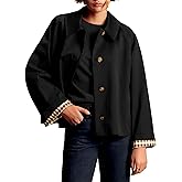 ELLEVEN Womens Oversize Trench Coat, Plaid Lining Single Breasted Fall Crop Jackets with Pockets Fashion Outerwear