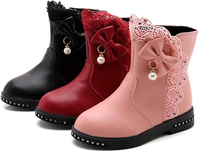 Amazon 子どもブーティ ロングブーツ 秋冬蝶結びレース飾りぐガールズブーツ ベビーシューズ Bobogojp 子供向け 暖かい かわいい女の子子ども靴 4歳 12歳 黒赤ピンク ワインレッド 日韓風ベーシックカジュアル外出用通学通園 ベビーシューズ