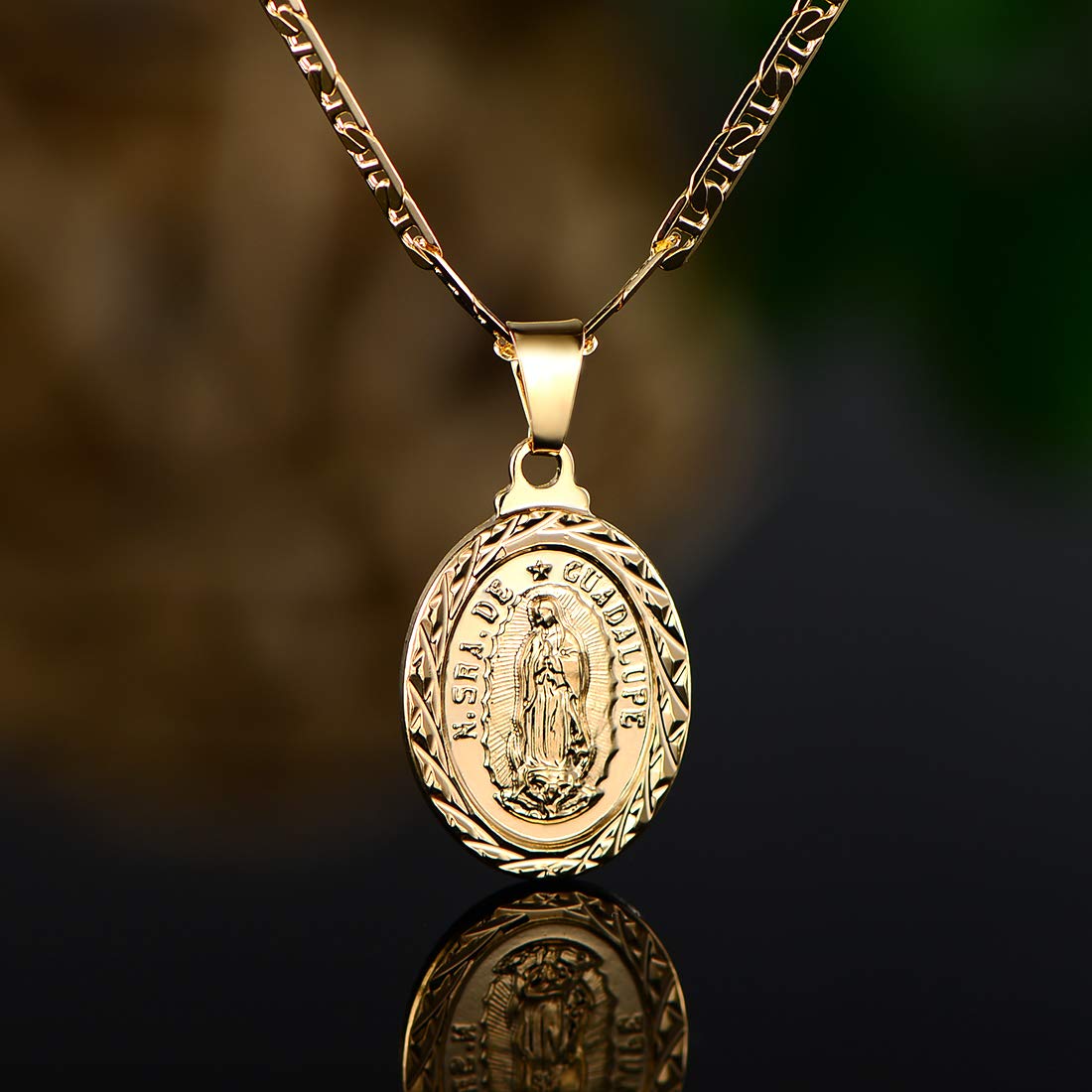 Barzel 18K Gold Plated Flat Mariner/Marina 060 3MM Chain Necklace With Virgin Mary Guadalupe Charm Pendant