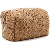 FFpaw Cosmetic Bags for Women, Fleece Makeup bag Large Aesthetic Travel Toiletry bag Zipper Cosmetic Pouch for Purse Cute Floral Canvas Makeup Organizer Storage Bag Girls Case Bags (Warm Brown)