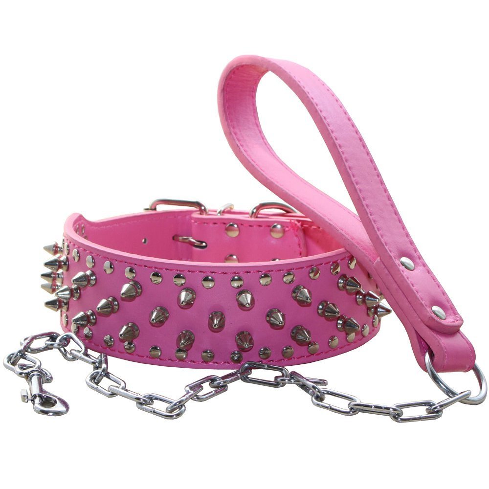 haoyueer Studded Dog Collars Punk Spiked Rivet with Stainless Buckle Soft Leather Chain Leash Combo Set Heavy Duty Fit Pitbull, Bulldog, Doberman (M, Hot Pink)