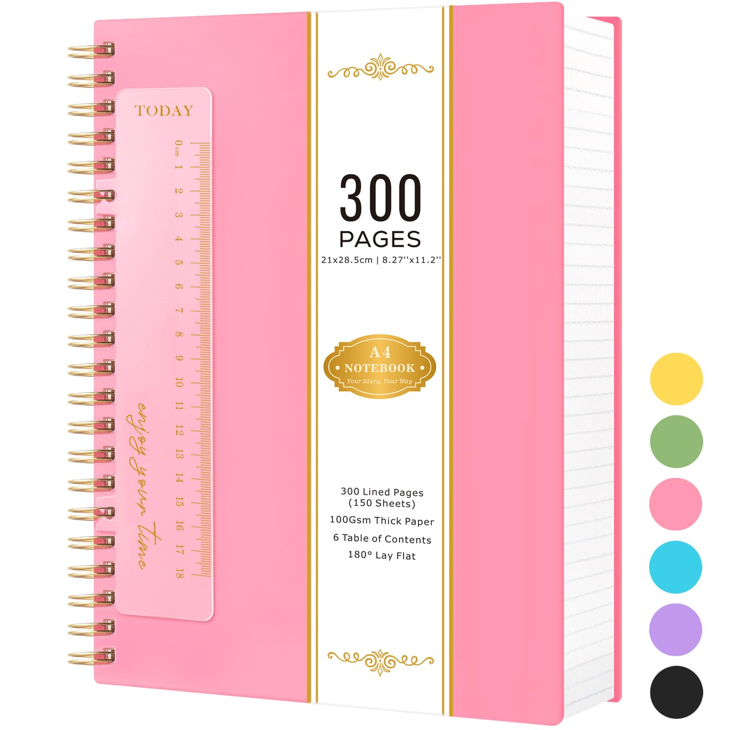 NIRMIRO A4 Notebook Notepad, 300 Pages Spiral Notebooks with 100GSM Lined Paper, Wirebound Hardback Thick Note Books for Women, PVC Waterproof Cover, 21 x 28.5cm, Pink