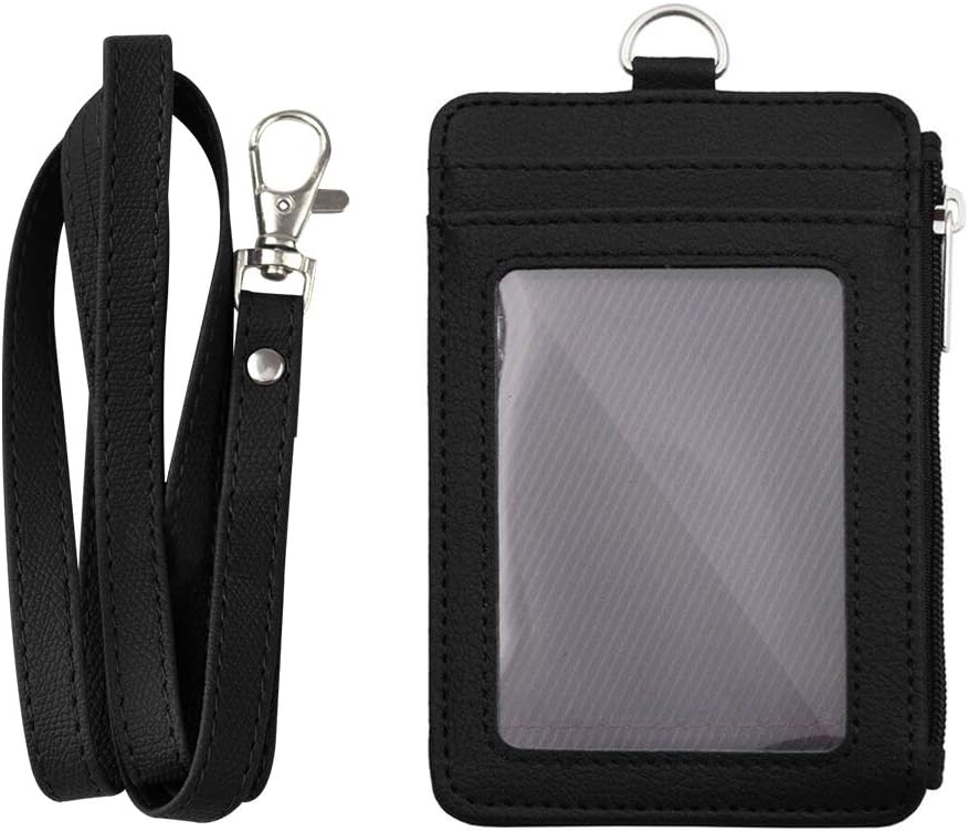 Badge Holder with Zip, Slim Double Sided PU Leather ID Card Holder