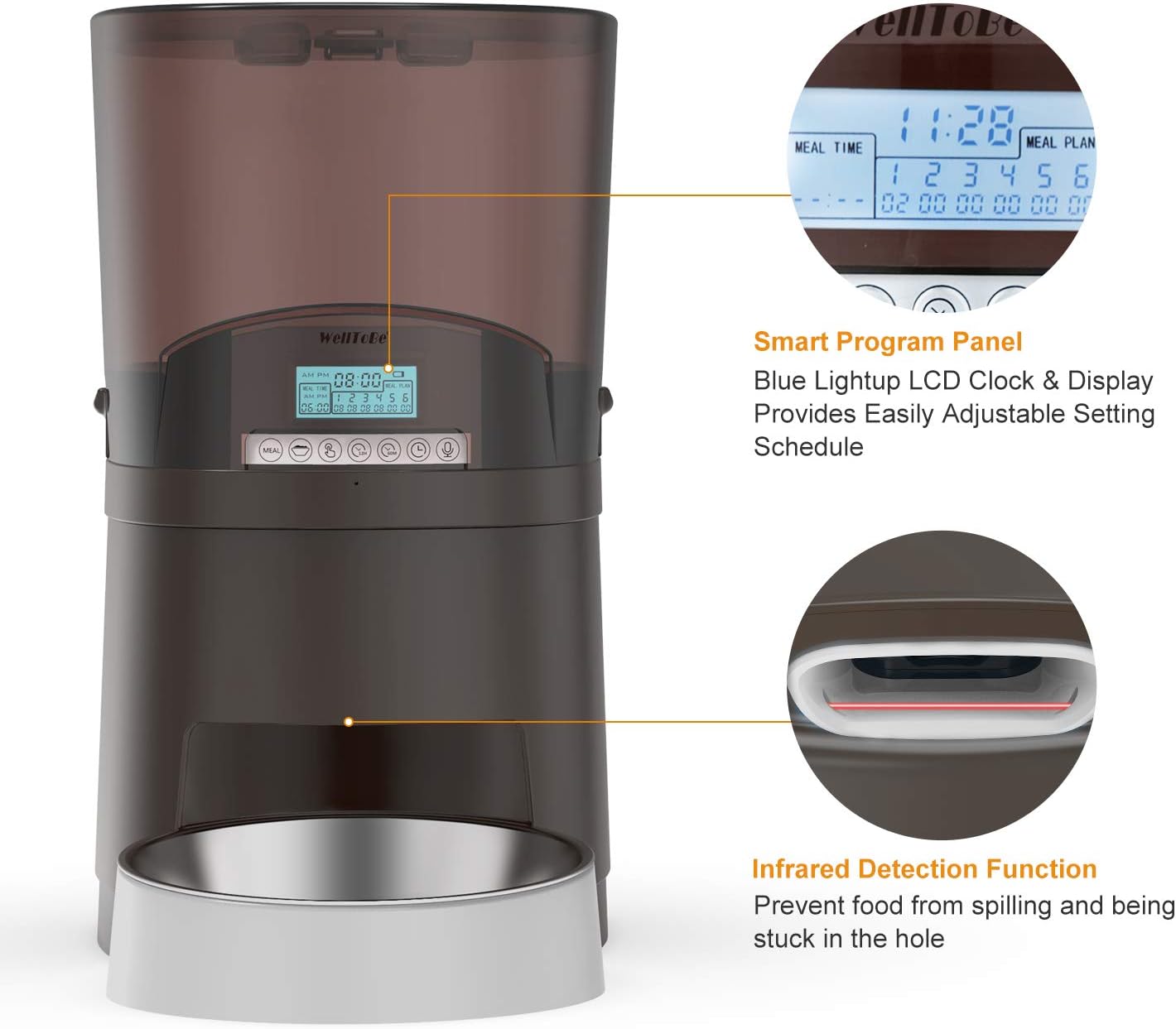 Kitchen & Dining : WellToBe Automatic Cat Feeder, 7L Pet Feeder Transnsparent Food Dispenser for Dogs and Cats, Programmable Timer for up to 6 Meals per Day, 1-48 Portion Control, 10s Voice Recorder : 
