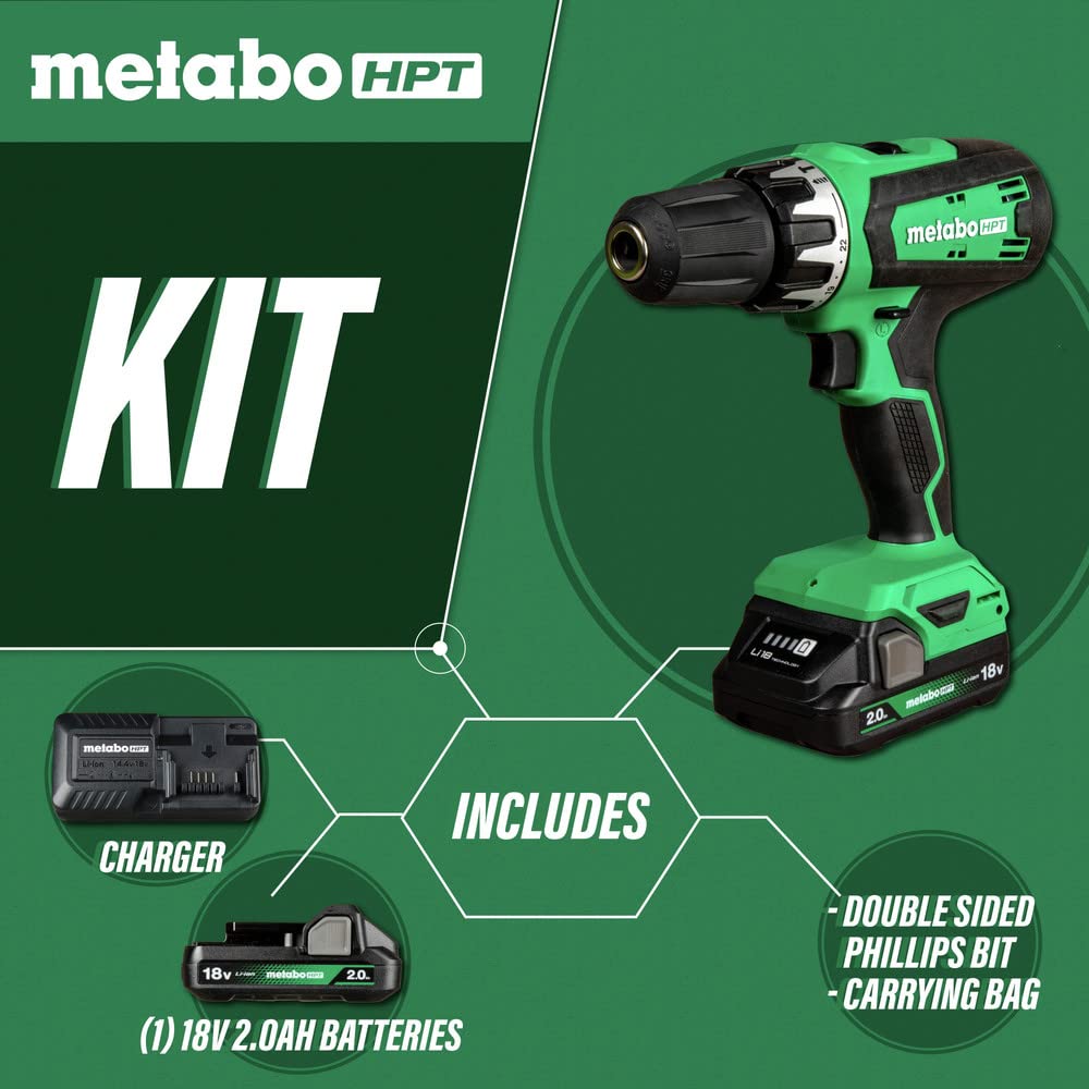 Metabo HPT 18V Cordless Drill Driver Kit, 1/2-Inch Keyless Chuck, Compact Power Drill Driver with 2.0Ah Lithium-Ion Metabo Battery, Charger and Bag, Powerful 470 in-lbs Torque, Two Speed Gear, DS18DFX