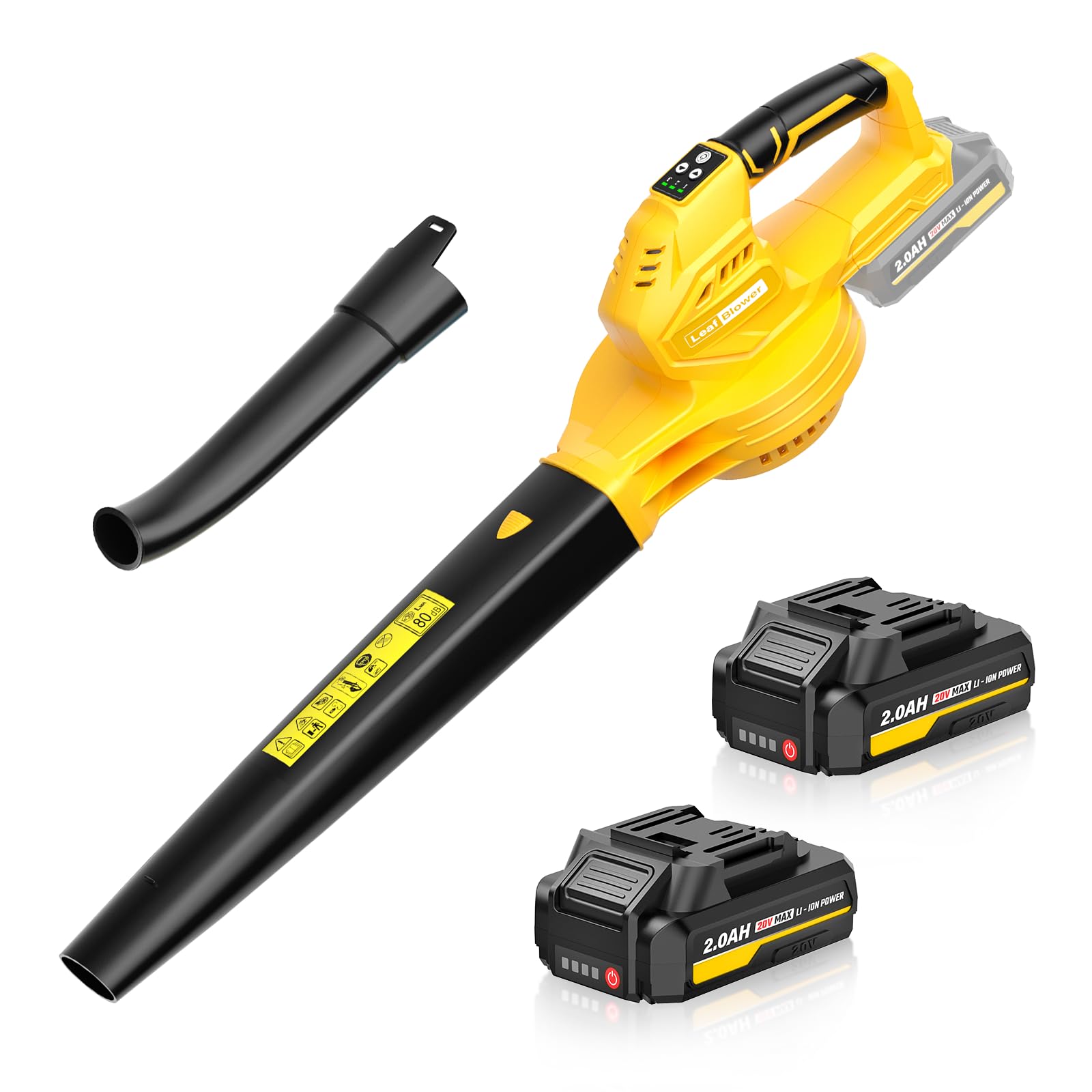 Photo 1 of SEYVUM Cordless Leaf Blower, 20V Blower with 2 X 2.0 Ah Battery, Electric Blower for Lawn Care, 350 CFM 150 MPH Battery Powered Leaf Blower with Charger, for Patio, Garden Cleaning, Yellow