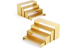 NEETBU Black Matte Metal Display Stand,8 Pcs 2 Set Display Risers, Metal Rectangular Display Shelf for Showcase, Dessert, Toys, Perfume (8Pcs-Gold, L7''x8''x9)