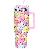 JarThenaAMCS 1 Pc Valentine's Day Tumbler with Handle Lid Straw 40 Oz Colorful Conversation Heart Stainless Steel Travel Tumbler Cup for Iced Coffee Party Favor