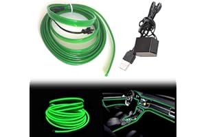 Maxlaxer El Wire Green Interior Car LED Strip Lights, 3M Neon Wire USB 5V with Fuse Protection for Automotive Car Interior Decoration with 6mm Sewing Edge