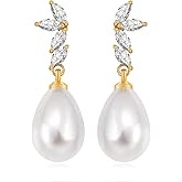 YKKZART Pearl Earrings for Women CZ Fan Floral Pearl Drop Earrings