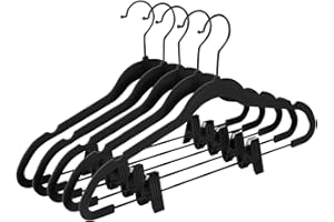 MIZGI Premium All Black Velvet Pants Hangers with Adjustable Clips (Pack of 20) Slim Skirt Hangers- Non Slip Felt Outfit Dress Hangers- Black Hooks,Space Saving Shirt Clothes Hangers