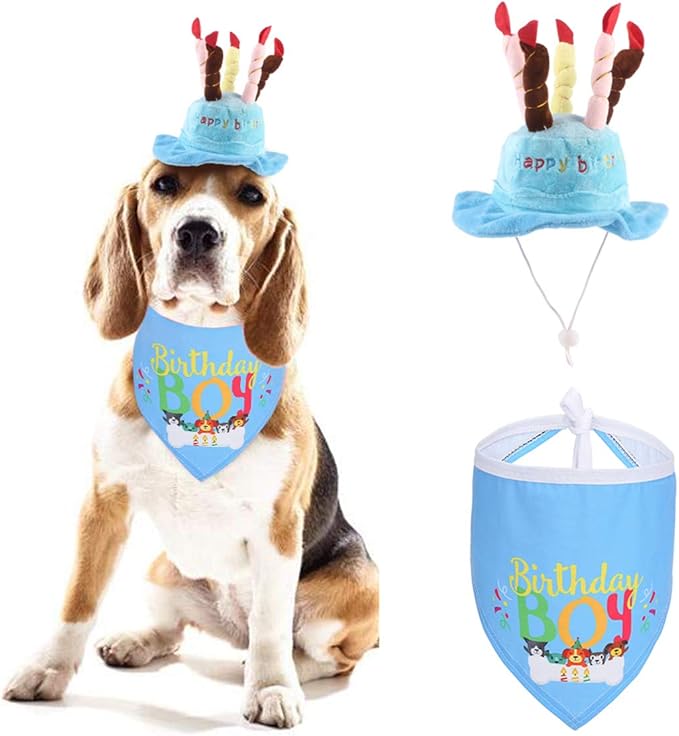 Dog Birthday Bandana Hat, 2pcs Cute Dog Birthday Candles Cake Hat with