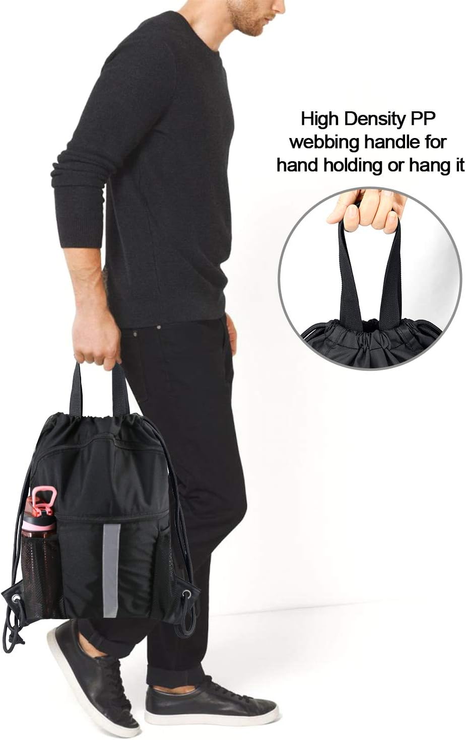  | BeeGreen Drawstring Backpack Bag with Shoe Compartment X-Large Black Gym Sports String Cinch Backpack Athletic Sackpack with Front Inside Zipper Pockets and Mesh Water Bottle Holders for Women Men | Drawstring Bags