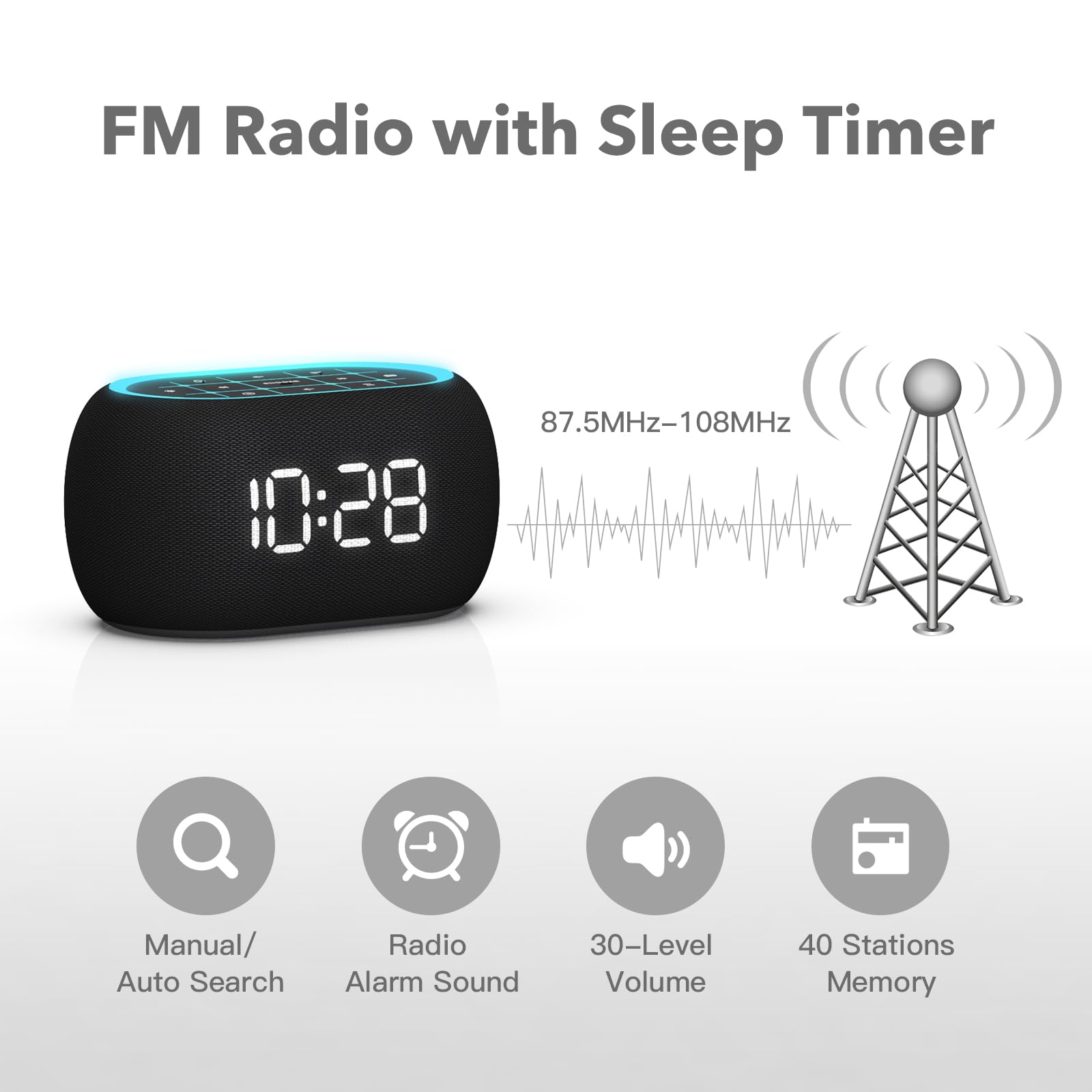 ANJANK Alarm Clock FM Radio with Bluetooth Speaker, Hi-Fi Stereo Sound, 7 Night Light Clolors, 8 Wake Up Sounds, 0-100% Dimmer, 30-Level Volume, Small Digital LED Clock with Auto Time Sync for Bedroom