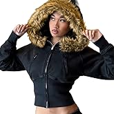 Apvirdy Cropped Zip Up Hoodie Women Long Sleeve Faux Fur Coat Y2K Jacket Grunge Tops Sweatshirt Clothes for Teen Girls