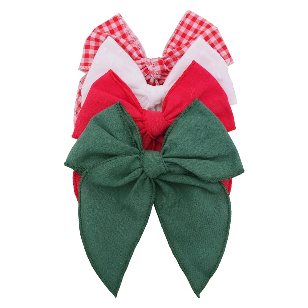 Pack of 4 Gorgeous Fable Bow Hair Clips for Girls Women Linen Hair Bow Alligator Clips Toddler Baby Mom Young Girl Hair Accessories (Red/Green)