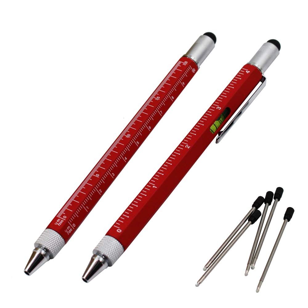 2PCS PACK Multifunction Tool pen - Includes 1 Ballpoint Pen, Universal Stylus tip, Ruler, 2 kinds Screwdrivers, Gradienter - Multifunction Writing Instruments (Red)