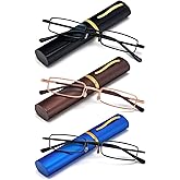 REAVEE 3 Pack Slim Pen Reading Glasses Small Tube Stylish Readers for Men Women Spring Hinged with Portable Clip Case, Black Brown Blue 2.5