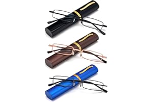 REAVEE 3 Pack Slim Pen Reading Glasses Small Tube Stylish Readers for Men Women Spring Hinged with Portable Clip Case, Black Brown Blue 2.5