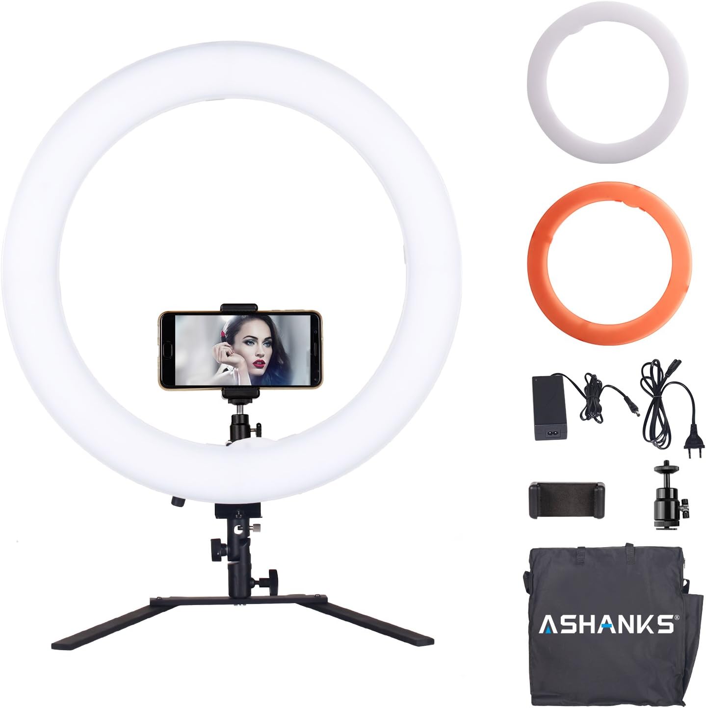 Desktop Ring Light Makeup Kit, ASHANKS 18inch/48cm Outer Dimmable LED Ring Light Kit For Photo Video Shooting Makeup Selfie Studio Portrait With Phone Holder Ball Head Tabletop Support Stand 60W 5500K Video Lights Lamps