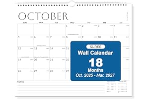 SUNEE Wall Calendar 2026 18 Months Oct. 2025 - Mar. 2027, 14.5"x11.5" Big Grid Hanging Calendar with Note for Organizing & Planning, Monthly Calendar 2025-2026 with Last Month and Next Month, White