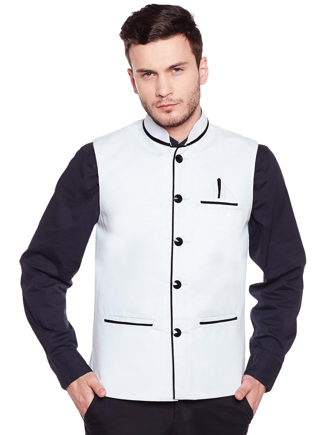 camey men's woven cotton blend nehru and modi jacket ethnic style for party wear and formal wear base coat -24 colors available (nehru_sky)