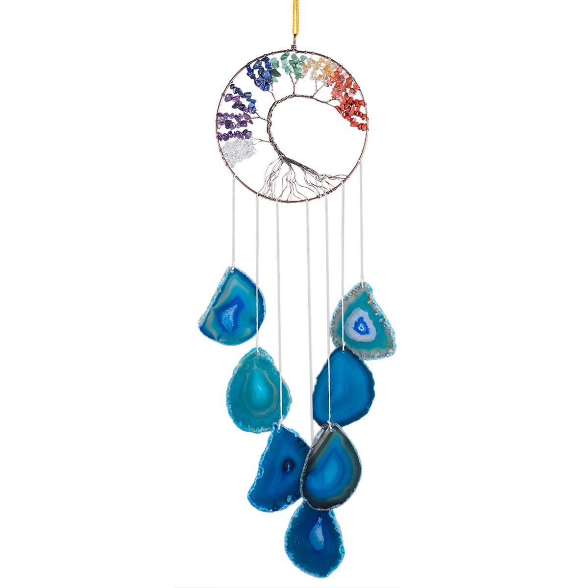 Nupuyai Tree of Life Agate Slices Wind Chimes, 7 Chakra Healing Crystal Hanging Ornament Wall Art Home Window Decor Blue