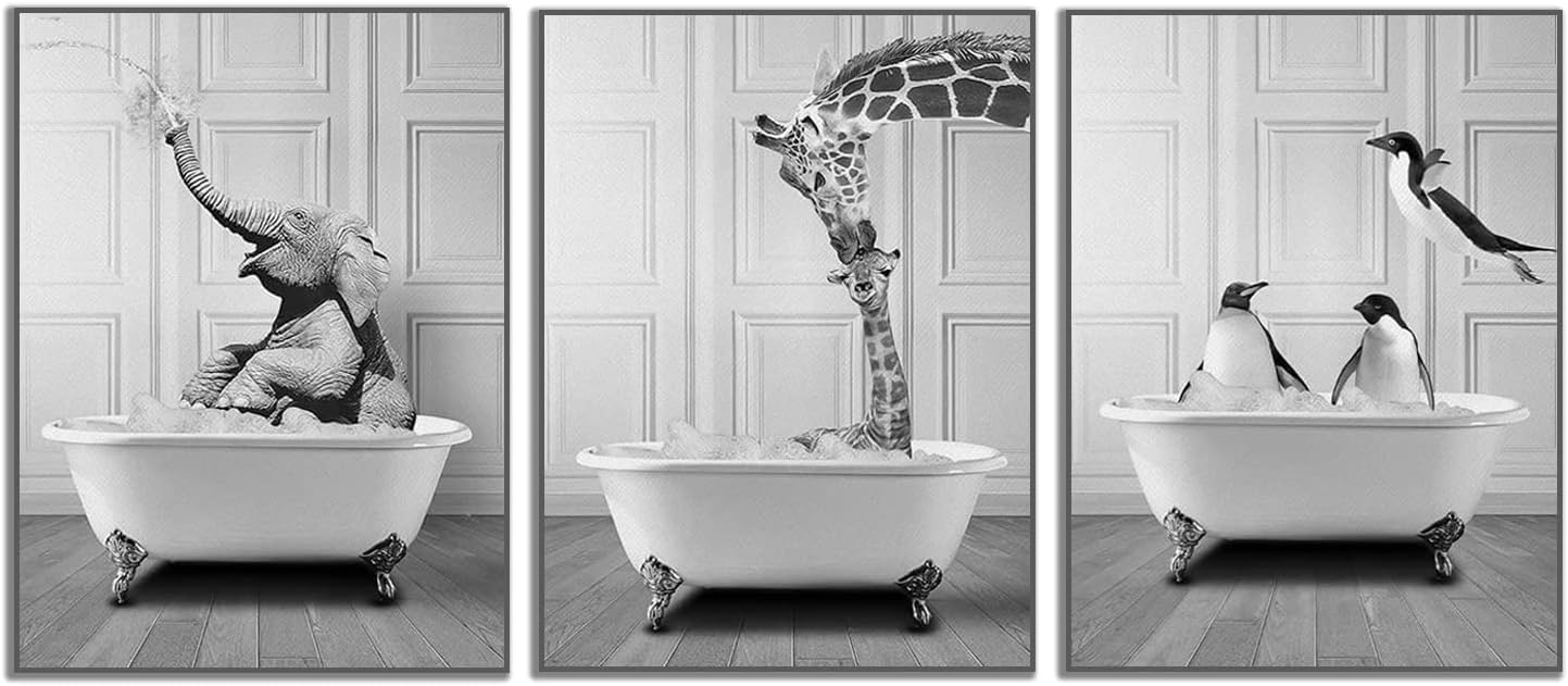 QPLGTU bathroom home background wall decoration painting, black and white highland cow decoration photo, fun animal printing poster, frameless (penguin+elephant+giraffe, 50x70cmx3)