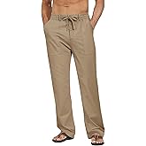 DOWMQ Mens Linen Pants Casual Elastic Waist Drawstring Pants Loose Straight Linen Pant Beach Trousers with 4 Pockets