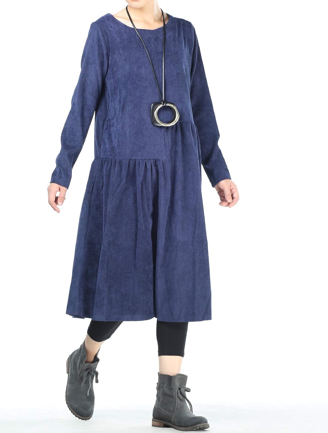 Mordenmiss Women’s Corduroy Pleated Dresses Swing Long Sleeve Dress with Pockets at  Women’s Clothing store