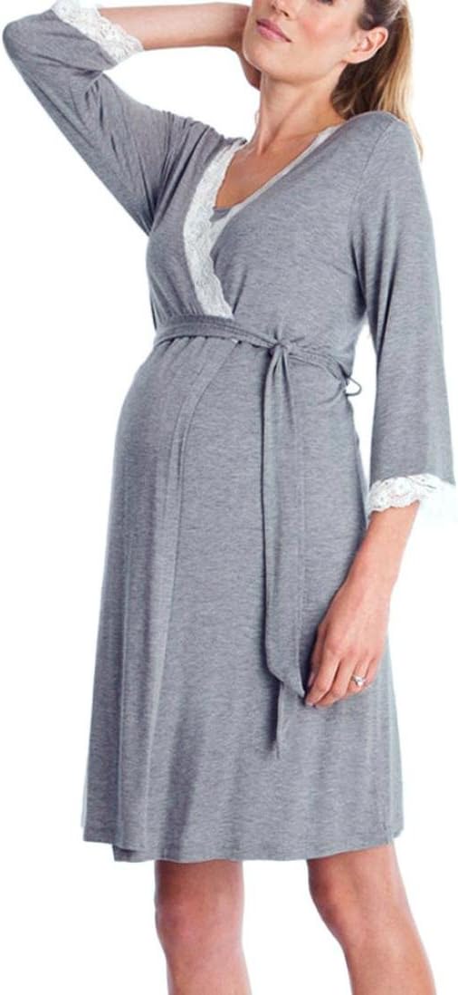 HotsellhomeNew Womens Mother Lace Pregnants Casual Nursing Baby for Maternity Pajamas Dress Cotton Top Blouse T Shirt Comfy Breastfeeding Pullover Clothes (Dark Gray, Long Sleeve, S)