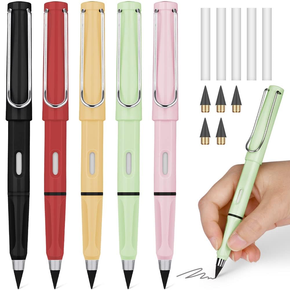 OFFCUP Inkless Pencils, 5pcs Everlasting Pencil, Portable No Ink Pen with 5pcs Replaceable Graphite Nib and White Eraser for Student Artist Writing Drawing or Office (Black/Red/Pink/Yellow/Green)