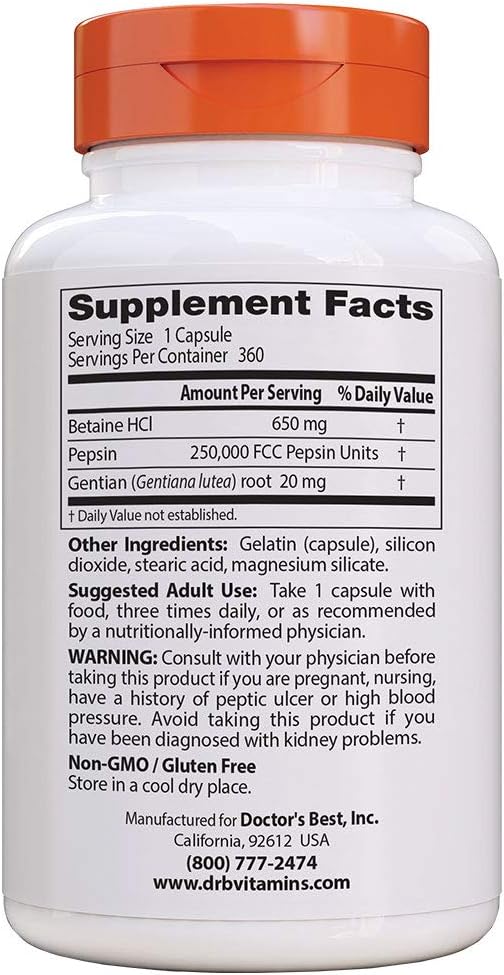 Doctor's Best Betaine HCI Pepsin & Gentian Bitters, Digestive Enzymes for Protein Breakdown & Absorption, Non-GMO, Gluten Free: Health & Personal Care