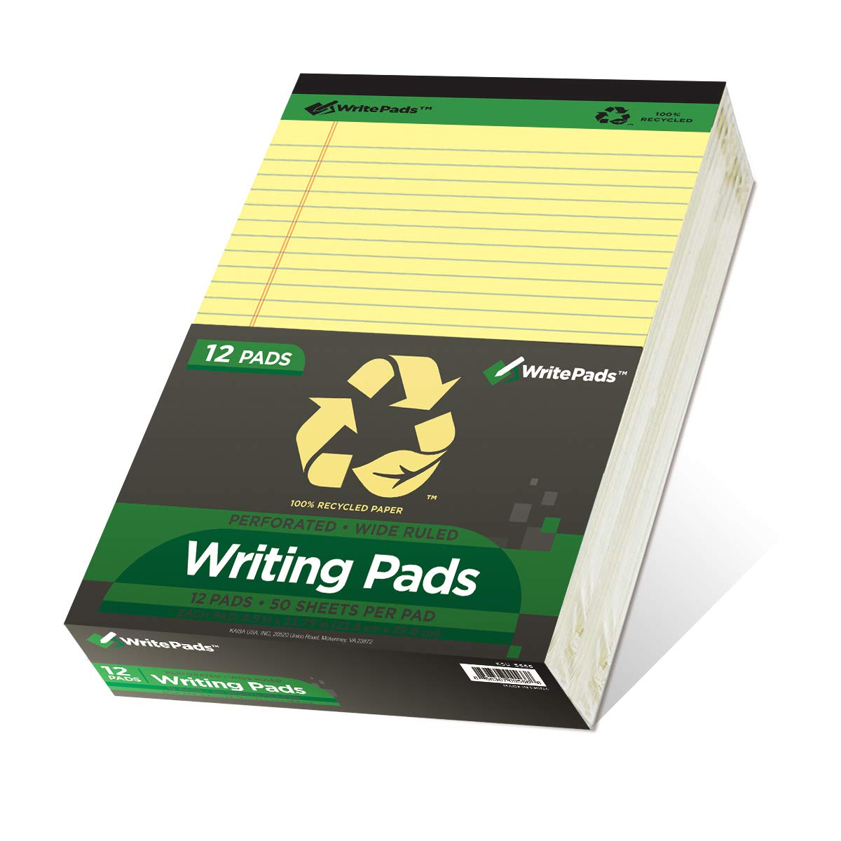 Photo 1 of KAISA Yellow Legal Pads Writing Pads Recycled Paper, 8.5"x11.75" Wide Ruled Perforated 50 sheets Hard Back Notepads 8-1/2"x 11-3/4" Writing Tablet Canary For Office Supplies (Pack of 12pc) KSU-5668
