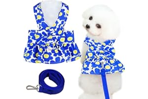 AXIIJGL Dog Dresses for Small Dogs Girl Puppy Dresses with Leash Bow Harness Dress for Small Medium Dogs Summer Pet Floral Dresses with D-Ring Female (Blue M)
