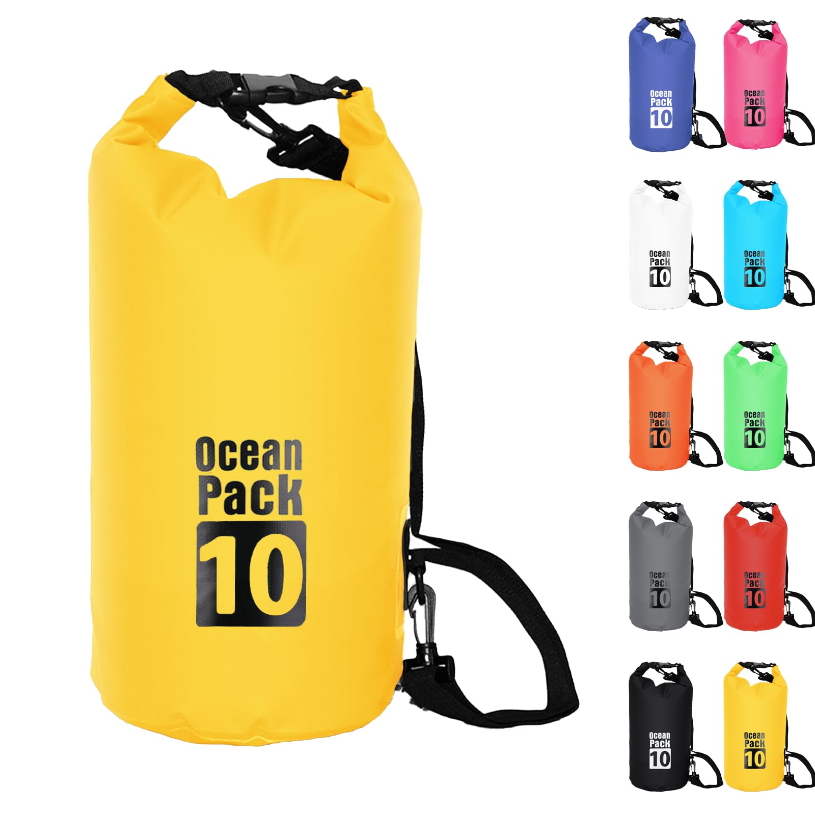 Dry Bag 10L, Boat Dry Bags Yellow Waterproof Bag Dry Sack Roll Top Long Adjustable Shoulder Strap 2L/5L/10L/20L/30L/40L for Drifting Boating Kayaking Fishing Rafting Swimming Camping Canoeing Surfing