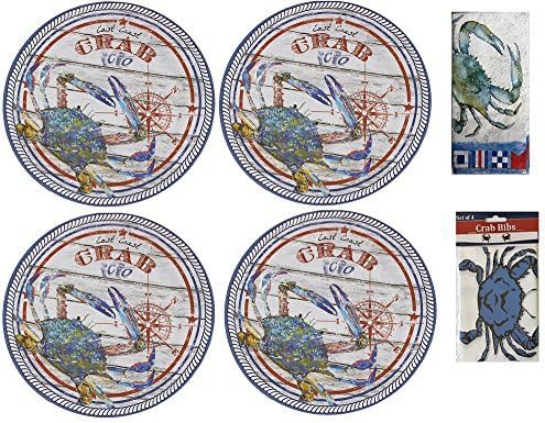 Blue Crab Melamine 4 Piece Dinner Plate Set with 20 Piece Buffet Paper Napkins and pack of 4 Disposable Plastic Bibs